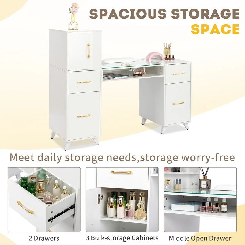 Embossed Particle Board Tempered Glass 55 W Manicure Table