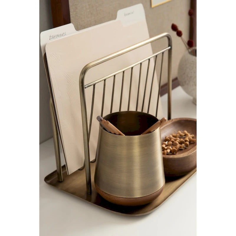 3-Piece Tabletop Organization Set with File Rack, Tray & Accessories, Walnut Wood & Brass Metal