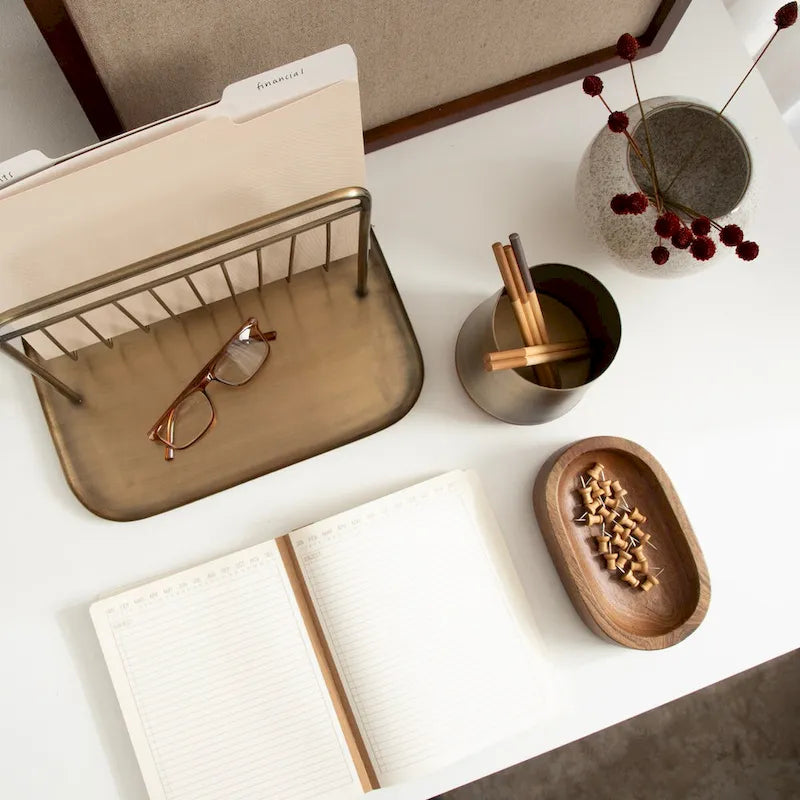 3-Piece Tabletop Organization Set with File Rack, Tray & Accessories, Walnut Wood & Brass Metal