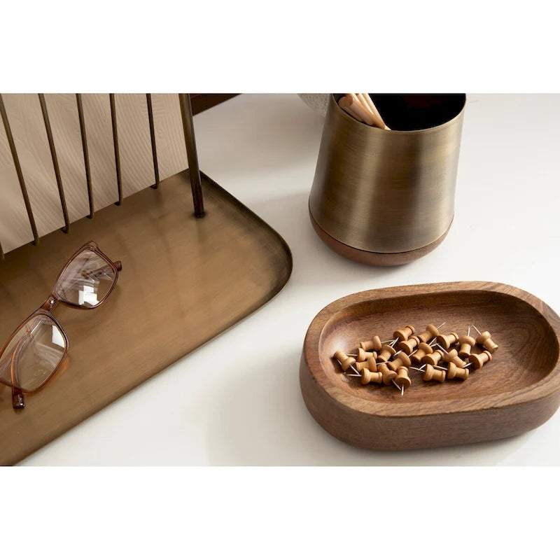 3-Piece Tabletop Organization Set with File Rack, Tray & Accessories, Walnut Wood & Brass Metal