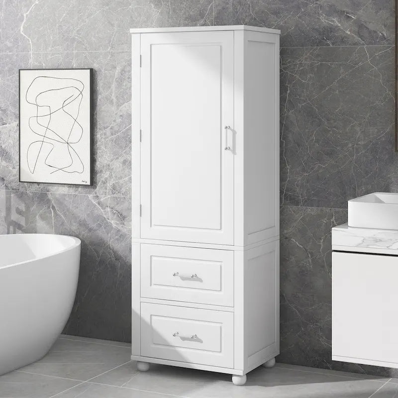 61" Tall Bathroom Storage Cabinet with 2 Drawers, Adjustable Shelf & Anti-Tip, MDF, White