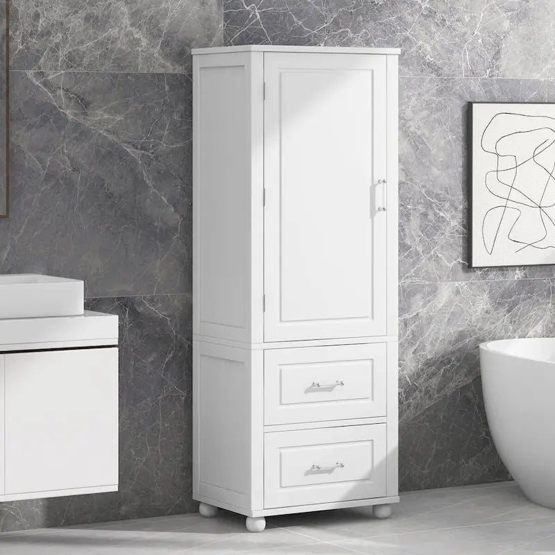 61" Tall Bathroom Storage Cabinet with 2 Drawers, Adjustable Shelf & Anti-Tip, MDF, White