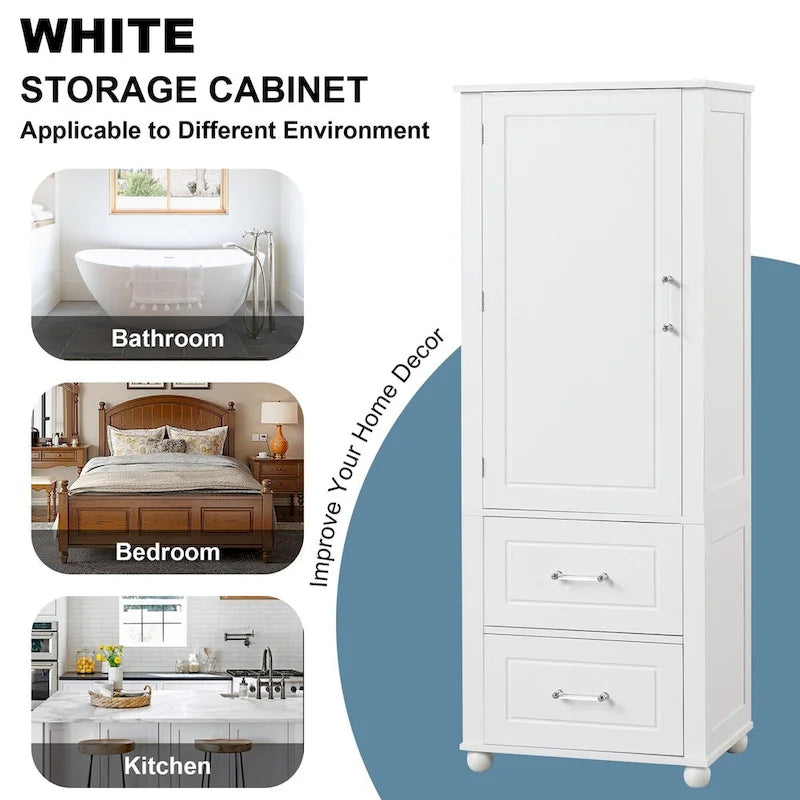 61" Tall Bathroom Storage Cabinet with 2 Drawers, Adjustable Shelf & Anti-Tip, MDF, White