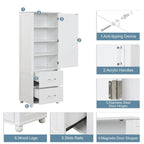 61" Tall Bathroom Storage Cabinet with 2 Drawers, Adjustable Shelf & Anti-Tip, MDF, White