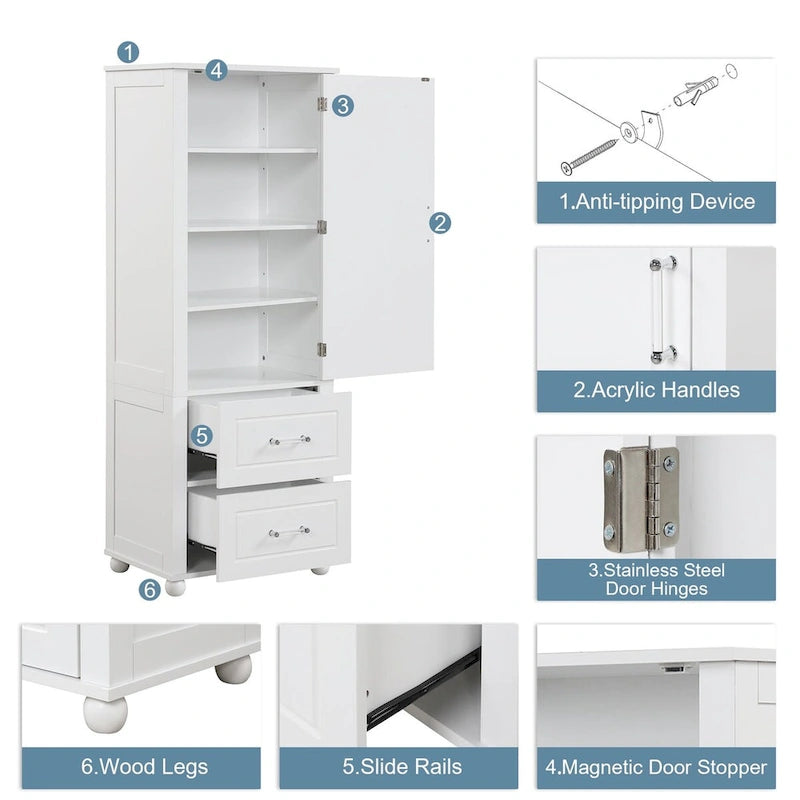 61" Tall Bathroom Storage Cabinet with 2 Drawers, Adjustable Shelf & Anti-Tip, MDF, White