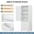 61" Tall Bathroom Storage Cabinet with 2 Drawers, Adjustable Shelf & Anti-Tip, MDF, White