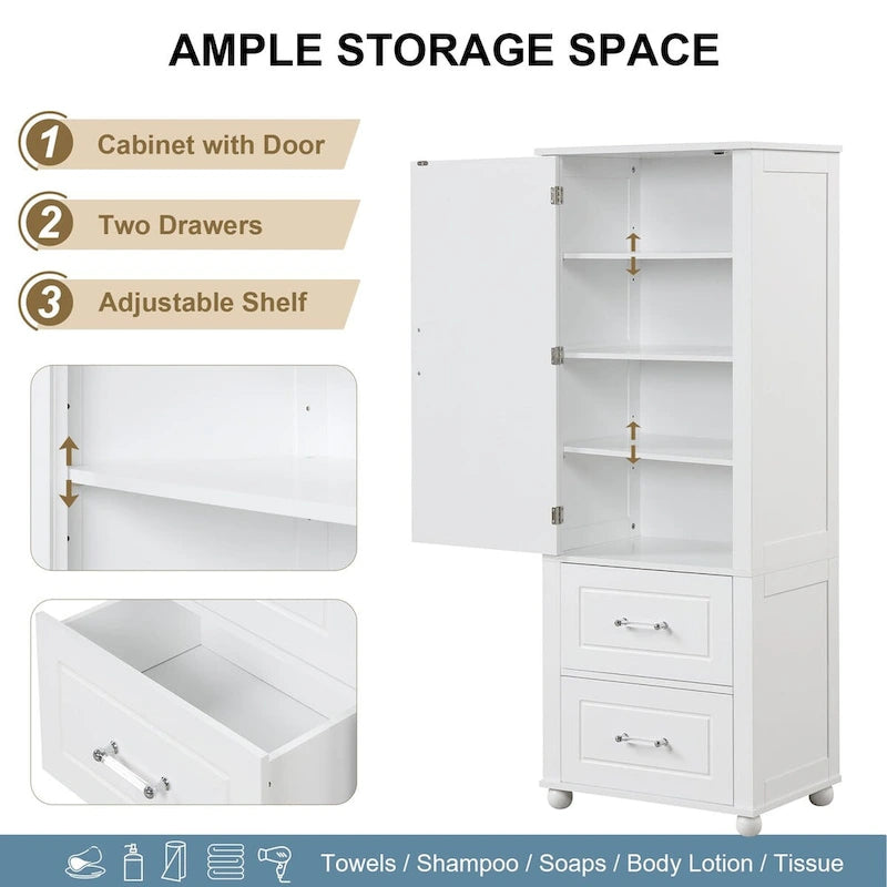 61" Tall Bathroom Storage Cabinet with 2 Drawers, Adjustable Shelf & Anti-Tip, MDF, White