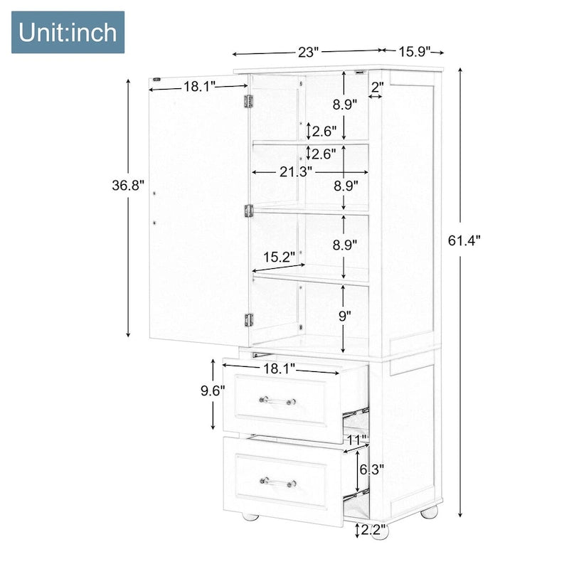 61" Tall Bathroom Storage Cabinet with 2 Drawers, Adjustable Shelf & Anti-Tip, MDF, White