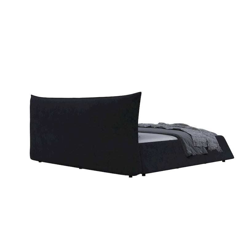 King Size Velvet Upholstered Platform Bed Frame, Padded Headboard, Pine Slats, 1000 lbs Capacity