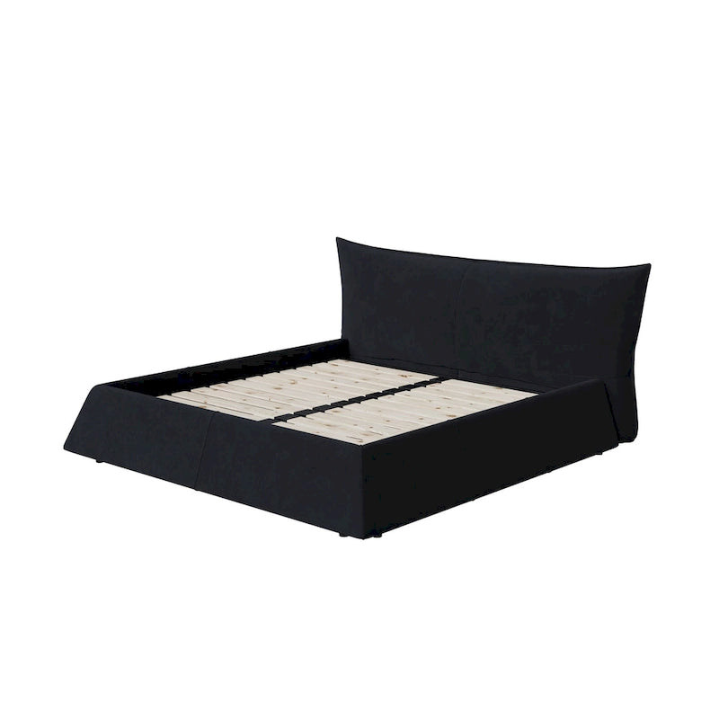 King Size Velvet Upholstered Platform Bed Frame, Padded Headboard, Pine Slats, 1000 lbs Capacity