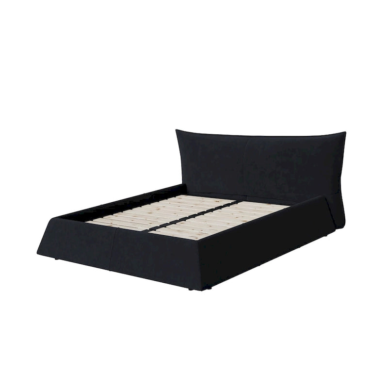 King Size Velvet Upholstered Platform Bed Frame, Padded Headboard, Pine Slats, 1000 lbs Capacity