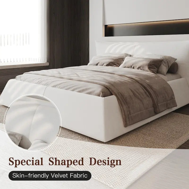 King Size Velvet Upholstered Platform Bed Frame, Padded Headboard, Pine Slats, 1000 lbs Capacity