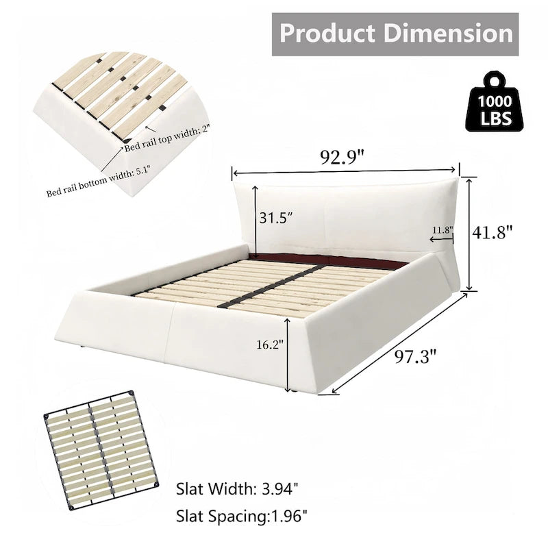 King Size Velvet Upholstered Platform Bed Frame, Padded Headboard, Pine Slats, 1000 lbs Capacity
