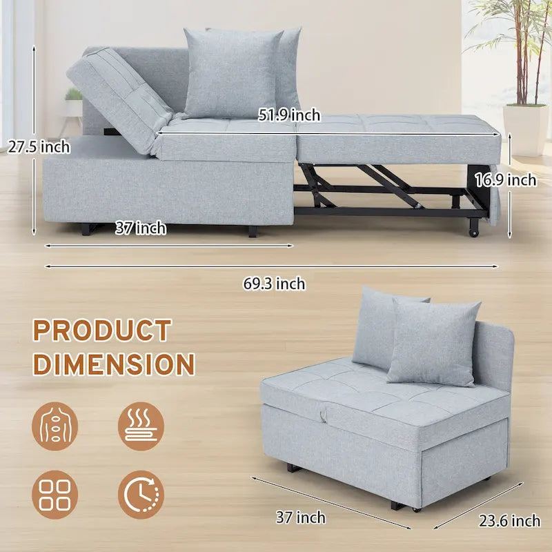Convertible Sleeper Sofa Chair Bed, 3-in-1 Faux Linen, 5-Position Adjustable Backrest, 400 lbs