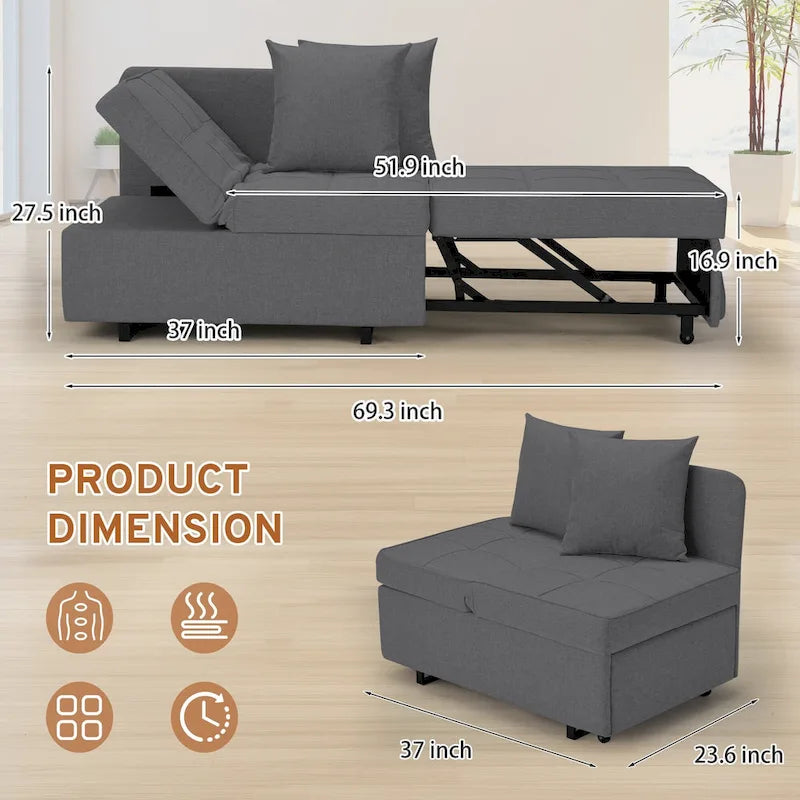 Convertible Sleeper Sofa Chair Bed, 3-in-1 Faux Linen, 5-Position Adjustable Backrest, 400 lbs