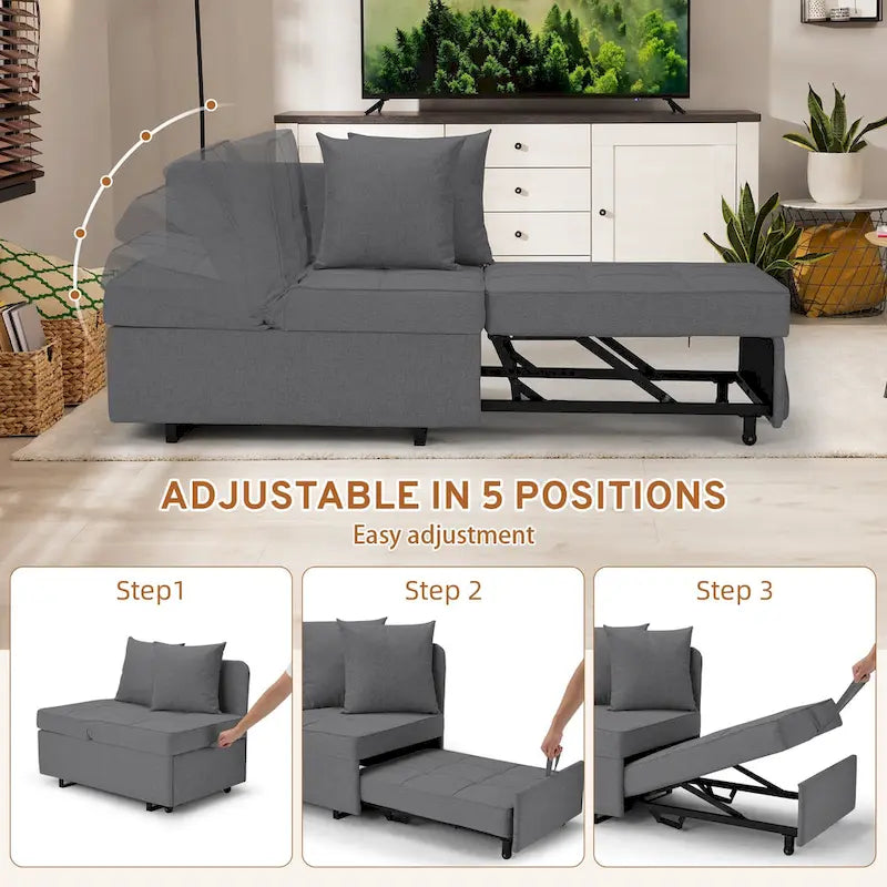 Convertible Sleeper Sofa Chair Bed, 3-in-1 Faux Linen, 5-Position Adjustable Backrest, 400 lbs