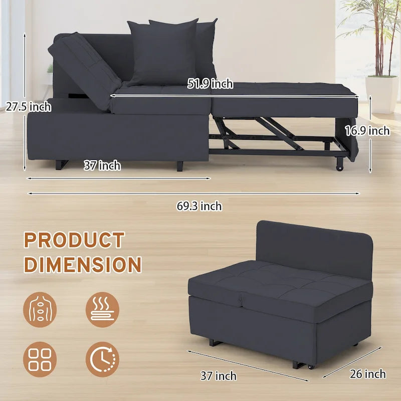 Convertible Sleeper Sofa Chair Bed, 3-in-1 Faux Linen, 5-Position Adjustable Backrest, 400 lbs