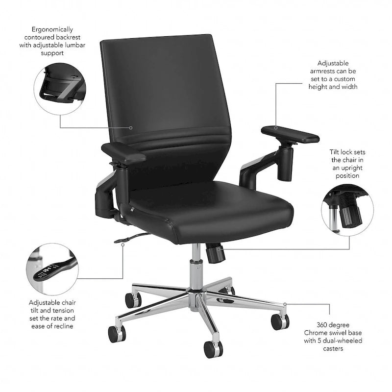 Mid Back Bonded Leather Office Chair, Adjustable Height & Armrests, 275 lbs, Chrome Base