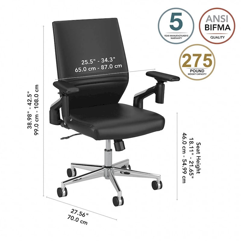 Mid Back Bonded Leather Office Chair, Adjustable Height & Armrests, 275 lbs, Chrome Base