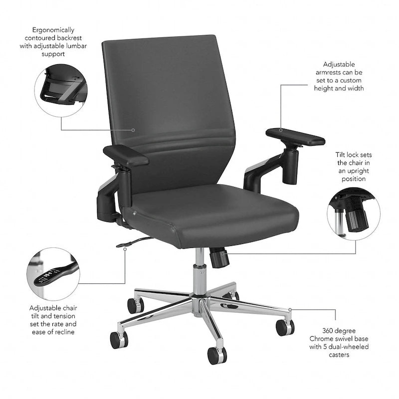 Mid Back Bonded Leather Office Chair, Adjustable Height & Armrests, 275 lbs, Chrome Base