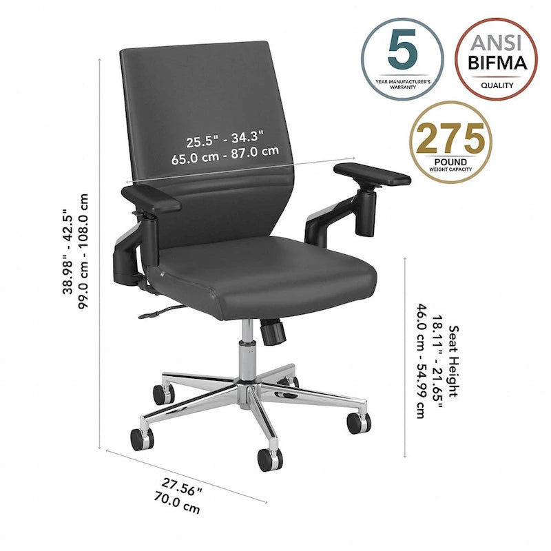 Mid Back Bonded Leather Office Chair, Adjustable Height & Armrests, 275 lbs, Chrome Base