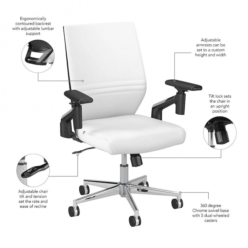 Mid Back Bonded Leather Office Chair, Adjustable Height & Armrests, 275 lbs, Chrome Base
