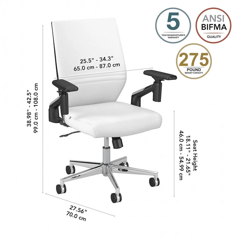 Mid Back Bonded Leather Office Chair, Adjustable Height & Armrests, 275 lbs, Chrome Base