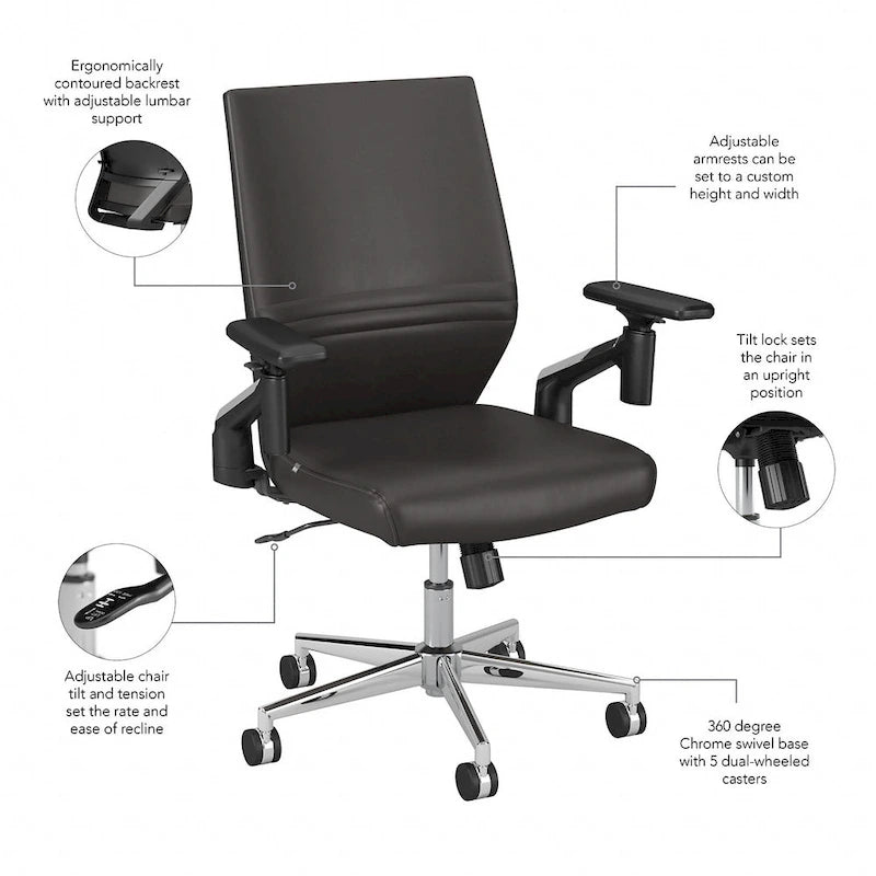 Mid Back Bonded Leather Office Chair, Adjustable Height & Armrests, 275 lbs, Chrome Base